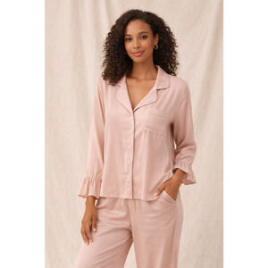 Anthropologie Ruffle Sleep Top Pink Satin Stripe Button Up Pajama Blouse S NWT